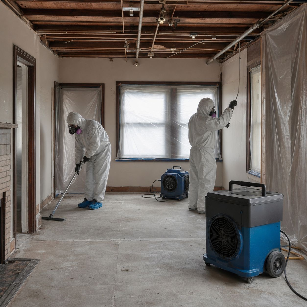Certified asbestos abatement team working inside containment zone with HEPA filtration