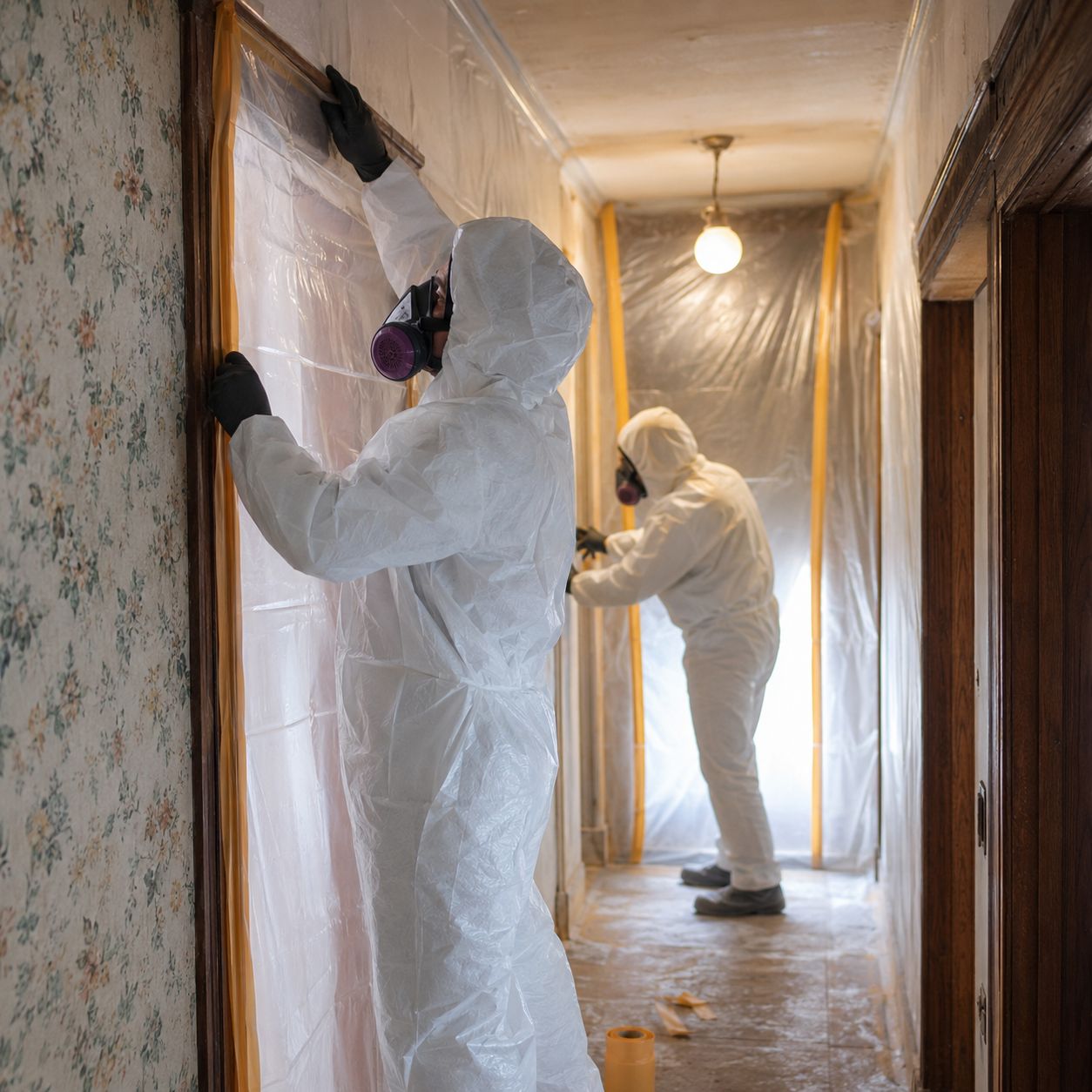 Licensed technician removing asbestos insulation from crawlspace in full protective gear